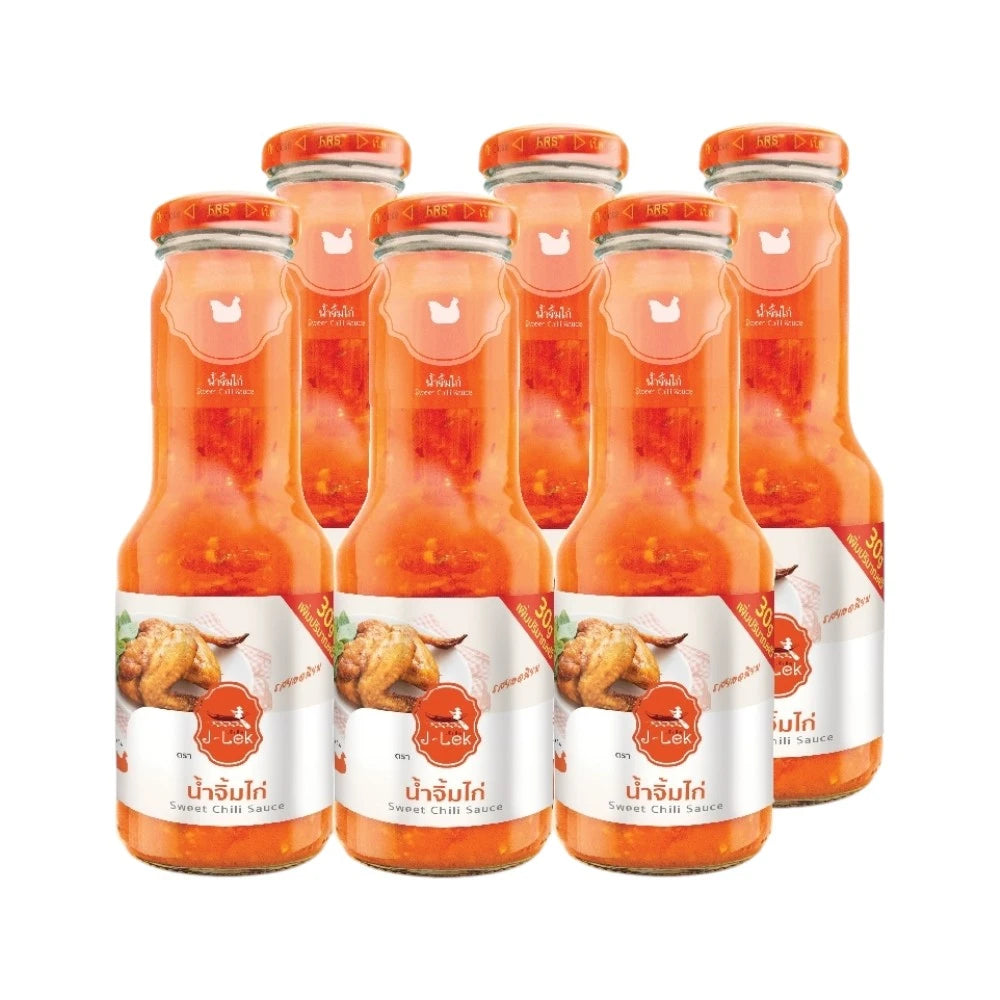 Six J-LEK Chicken Dipping Sauce glass bottles, 390g each, with clear glass bottles showing golden sauce inside.