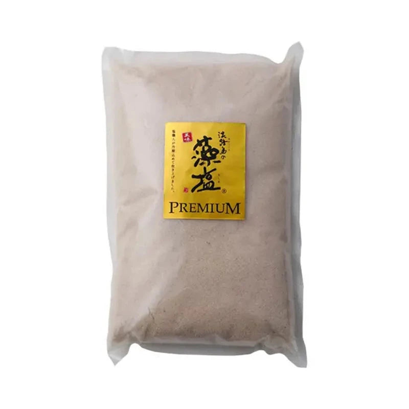MOSHIO Premium Awajishima Seaweed Salt 1kg in a clear jar, made in Japan, ideal for fish, meat, and salads.
