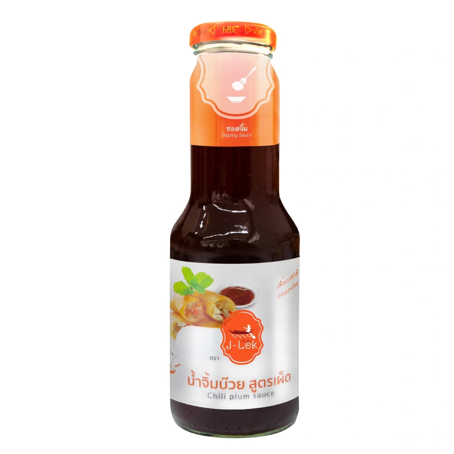 J-LEK Chili Plum Sauce in a 385g jar, showing the spicy and tangy sauce with a dark red color and label on the jar.