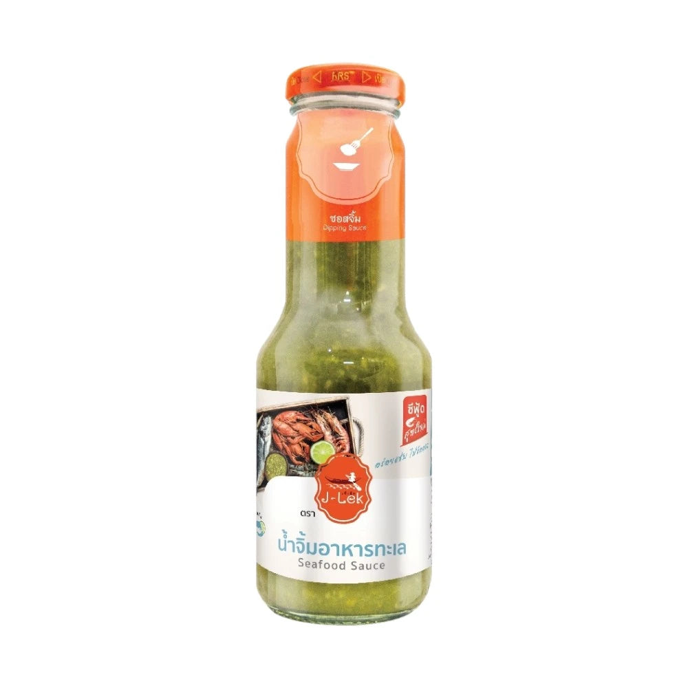 J-LEK Seafood Dipping Sauce in a glass bottle, 345g, with a clear label showing the sauce inside.