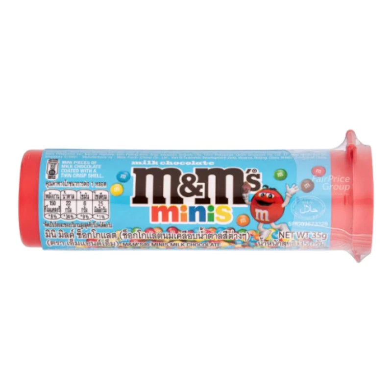 Mini M&M tube filled with colorful chocolate candies, 35g size, by M&M for a fun snack or gift.
