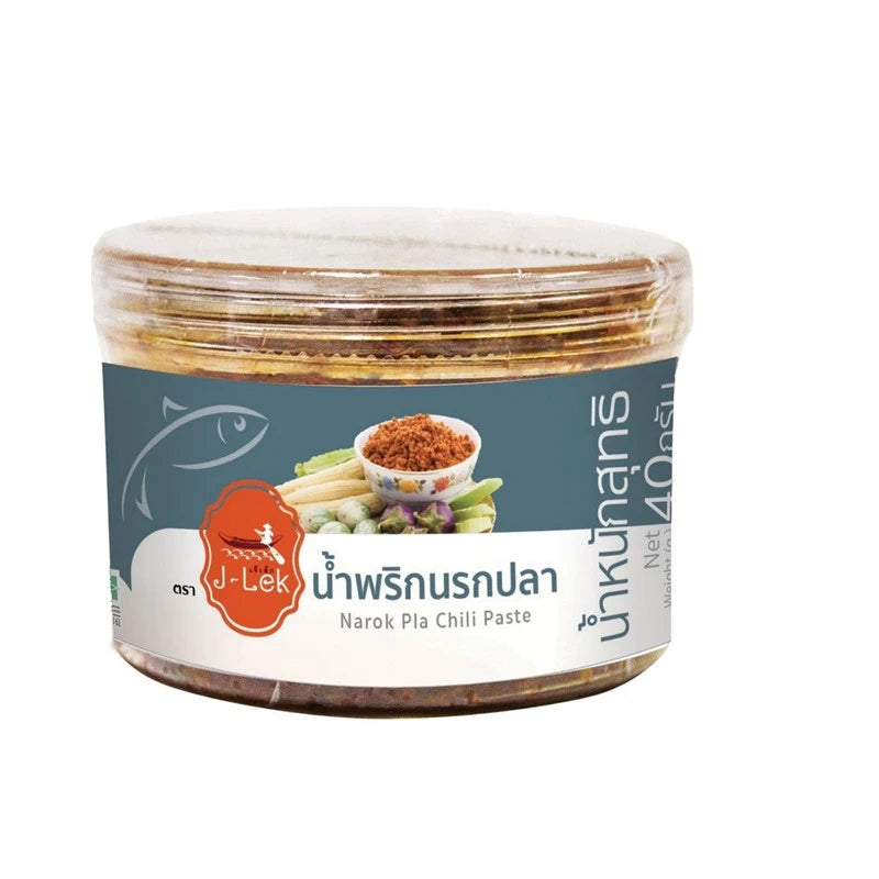 J-LEK Spicy Fish Chili Paste in a 40g jar, showing vibrant red chili and fish ingredients for Asian cuisine flavor.
