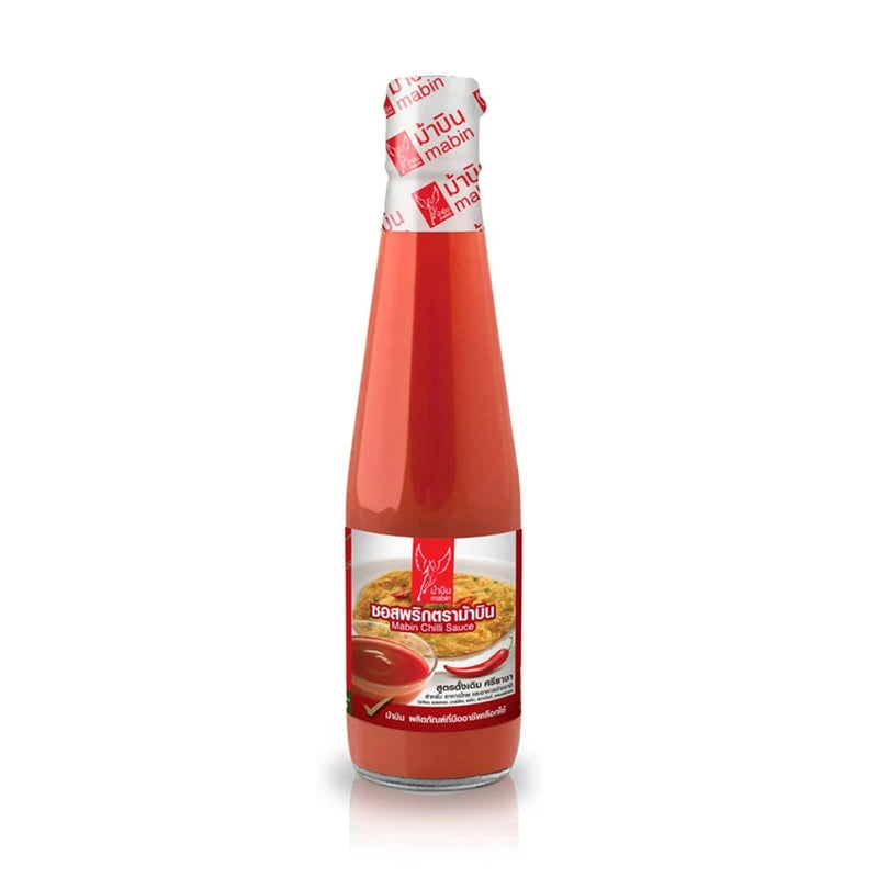MABIN Chili Sauce 325g bottle with red chili peppers and sauce drizzled on the label, showcasing the spicy condiment.
