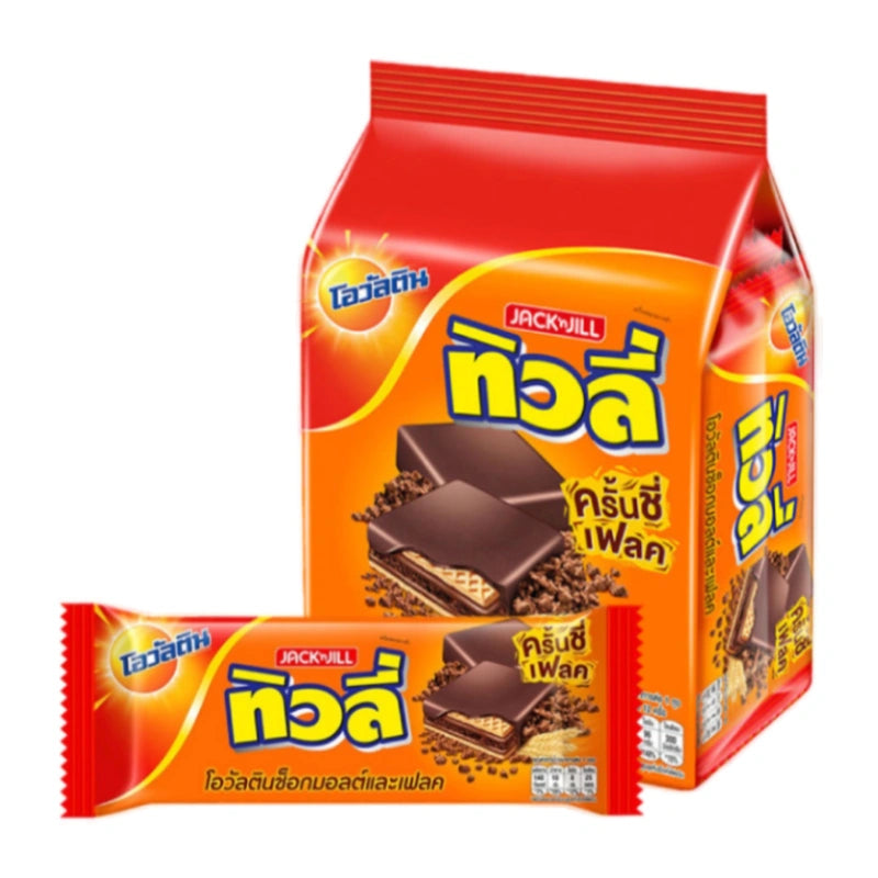 TIVOLI Crunchy Flake Wafer with Ovaltine chocolate malt and flakes, 26g snack bar, shown in the image.