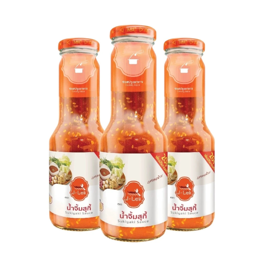 Three 350g glass bottles of J-LEK Suki Sauce with white caps, showcasing the Japanese-style sauce inside.