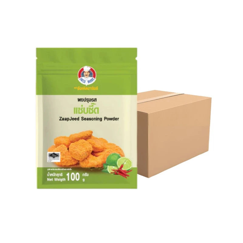 Uncle Barns Seasoning Powder in a 100g bag, featuring spicy and zesty flavor, displayed with multiple seasoning bags in case
