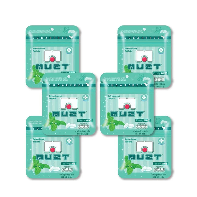 Muzt Sugar-Free Lozenges Frosty Mint in 12.5g packs, featuring fresh mint flavor and sugar-free composition.