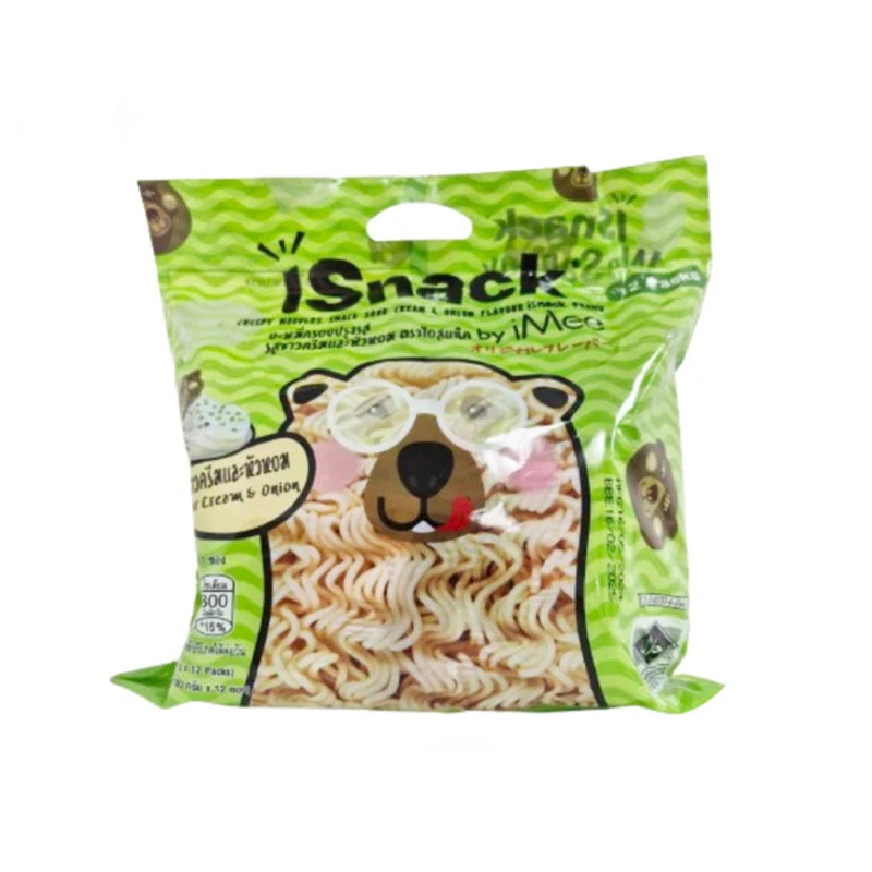 ISNACK Sour Cream and Onion flavor snack sachets, pack of 12, featuring creamy, savory snack packaging with colorful branding.