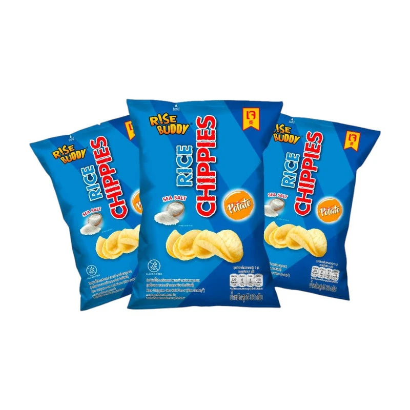 RISE BUDDY Healthy Baked Rice Chips with sea salt in a pack of three, halal snack options, FDA approved rice chippies.