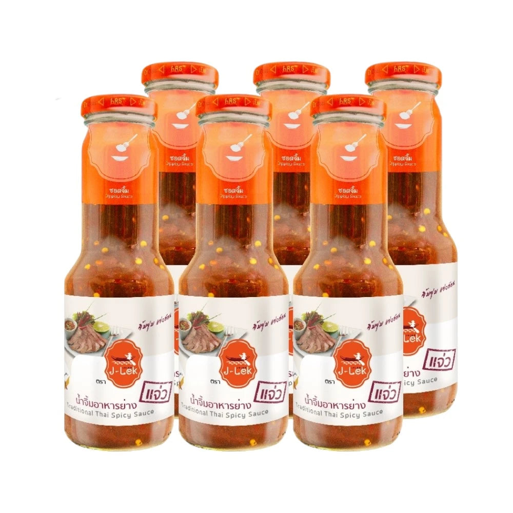 J-LEK Jaew grilled meat dipping sauce in glass bottles, 360g each, packed in six, featuring dark, savory sauce with labels on bottles.