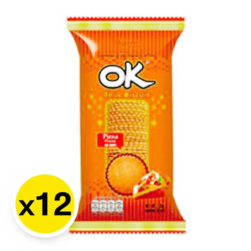 OK Thin Biscuit Pizza, 25g, pack of 12, crispy snack biscuits with pizza flavor, perfect for quick bites.