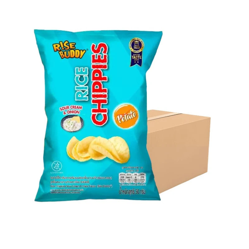 RISE BUDDY Rice Chippies Sour Cream and Onion baked rice chips, 24-pack, with crispy texture and flavorful snack appeal.