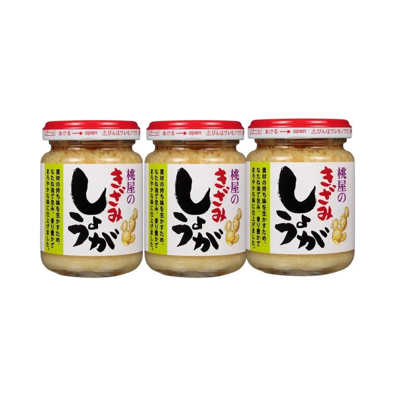 MOMIYA chopped ginger with rapeseed and sesame oils, chicken bouillon in three 110g bottles, made in Japan