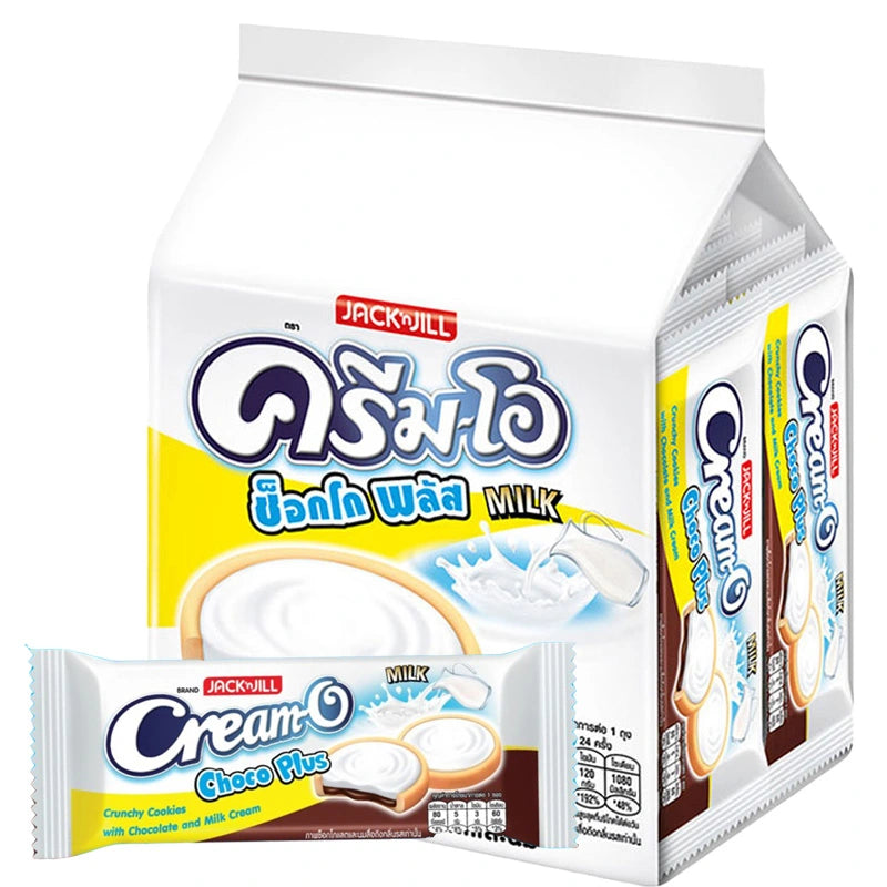 Cream-O Choco Plus chocolate milk cookies in 13g packs, 24 pieces, showing the cookies with chocolate filling and packaging.