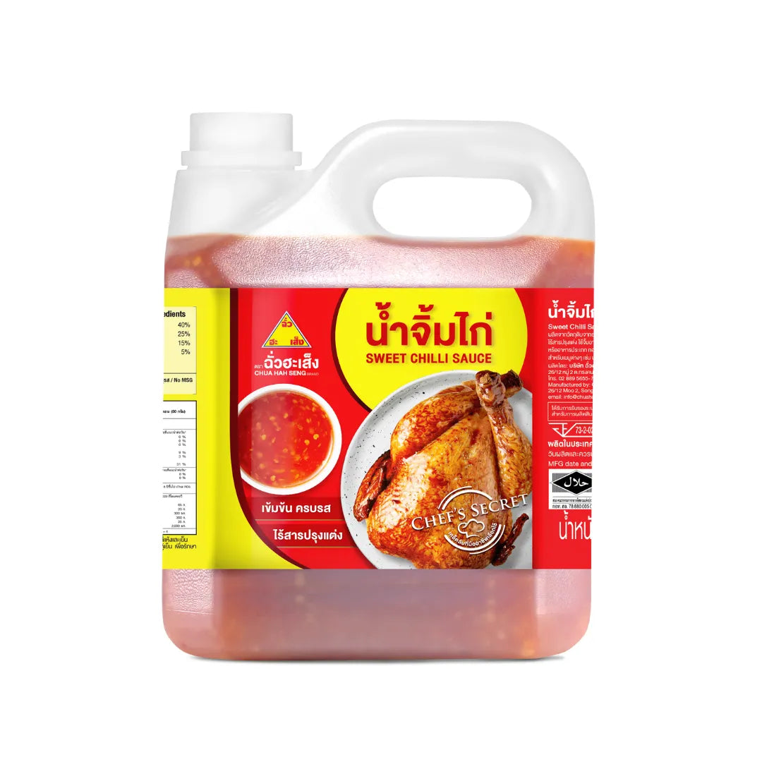 Bottle of CHUA HAH SENG Sweet Chilli Sauce with red and yellow label, featuring a transparent cap and vibrant sauce inside