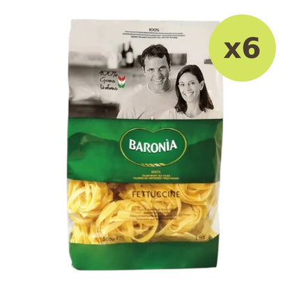 Baronia Fettuccine Pasta 500g, dry grocery product, showing uncooked golden fettuccine noodles in a clear package.