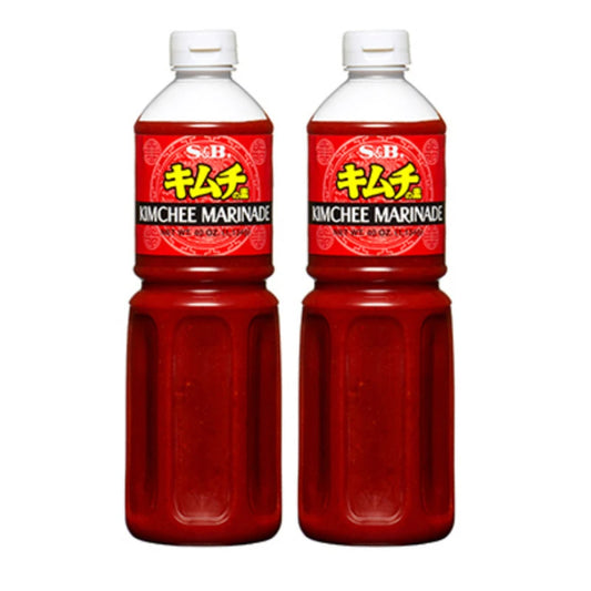 S&B Kimchi Marinade Sauce Mix with red chili, apple, kelp, soy, ginger, and anchovy extract in two 1134g bottles