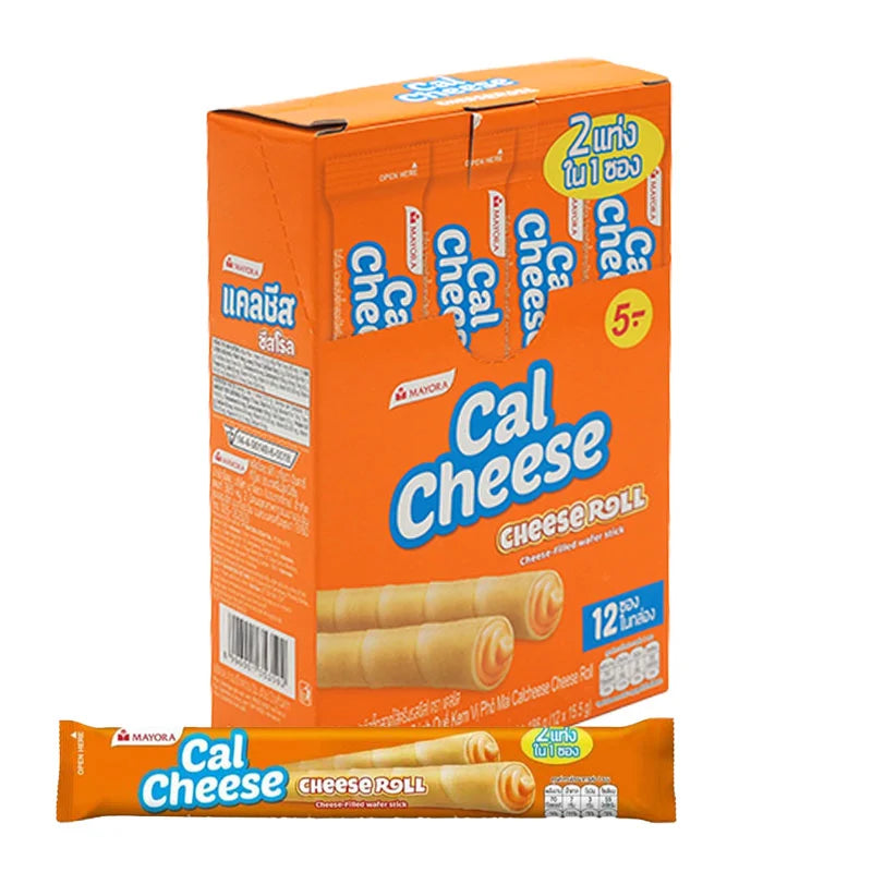 CalCheese Cheese Roll 15.5g, 12-pack, with golden-brown cheese-filled snack rolls on a white plate, close-up image.
