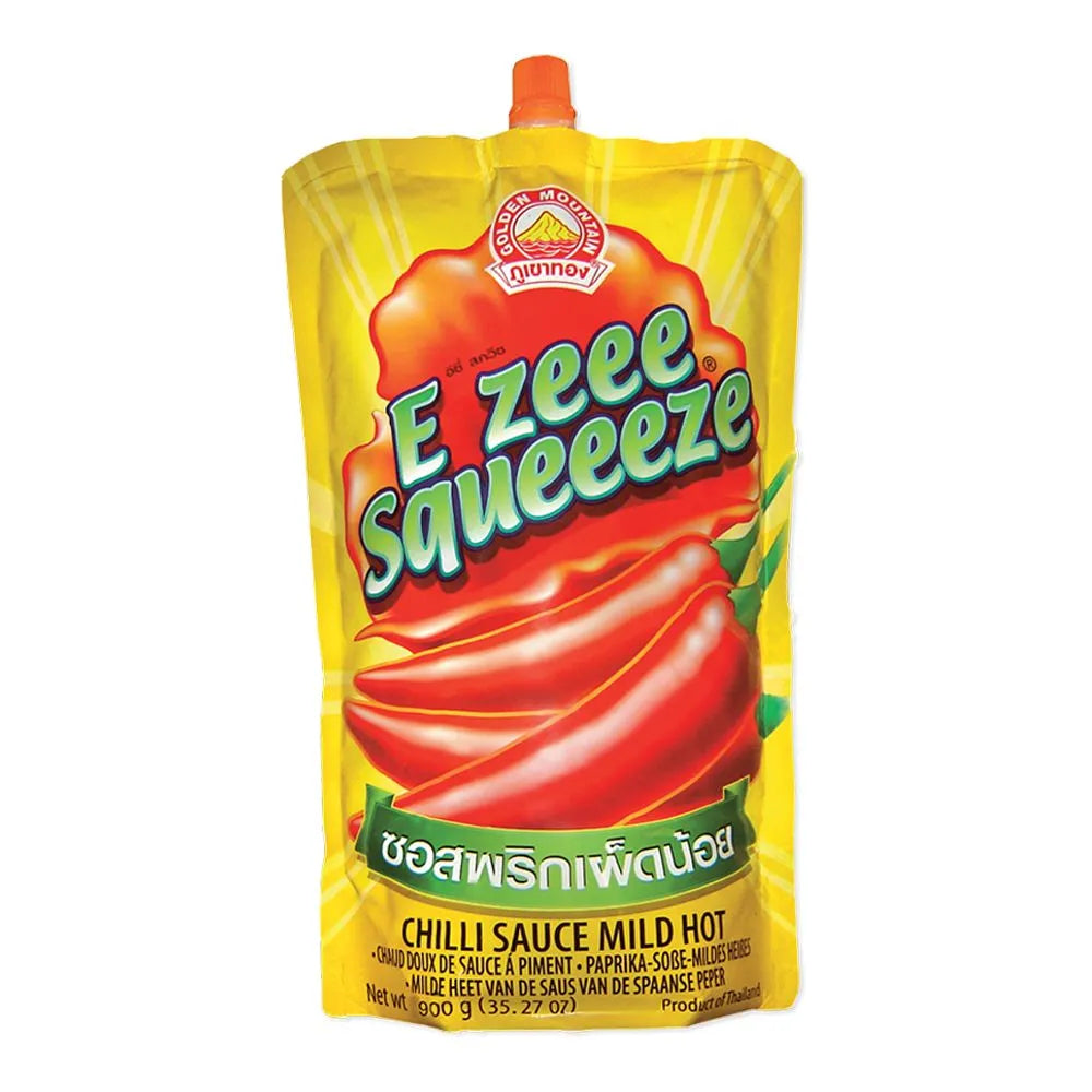 E ZEEE SQUEEEZE chili sauce bottle, 900g, with squeeze top and vibrant red chili sauce visible inside.