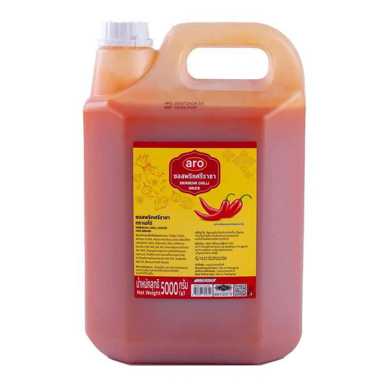 ARO Sriracha Chili Sauce 5 kg bottle with red chili peppers and spicy sauce visible in the image.