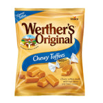 Werther's Original caramel chew candy showing golden caramel wrapper and textured caramel piece on a white background