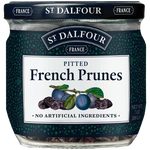 A close-up of a jar of St. Dalfour Prunes, ripe dark prunes in syrup, ready to be enjoyed as a nutritious snack or ingredient.