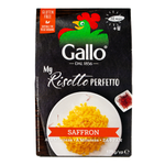 Gallo Saffron Risotto Pronto Rice packaged in a clear bag with saffron rice grains visible.