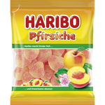 Haribo Peach Gummies in a clear plastic bag, colorful peach-shaped confectionery snacks, bright and appealing.