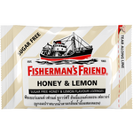 Fisherman's Friend Honey Lemon lozenges in a clear wrapper, showcasing the bright yellow and honey lemon flavor.