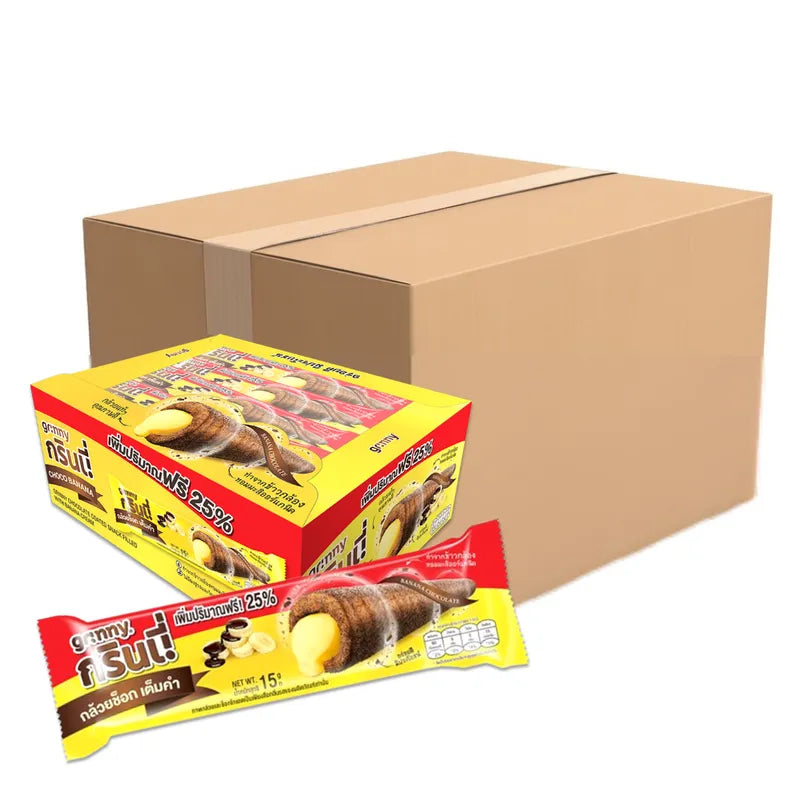 Box of 12 GRINNY chocolate-coated snacks filled with banana cream, 15g each, arranged in a display of the snack pieces.
