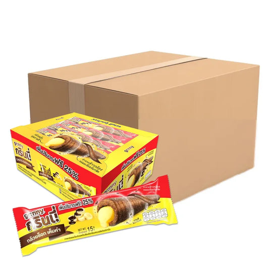 Box of 12 GRINNY chocolate-coated snacks filled with banana cream, 15g each, arranged in a display of the snack pieces.