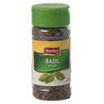 Dry Durkee Sweet Basil in a jar, fresh green herbs used for cooking and seasoning in grocery recipes.