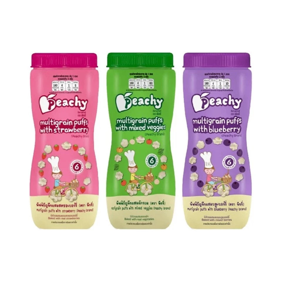 PEACHY 3 Plus 1 Grain Puff Snack Set with three jars of assorted peach-flavored mixed grain puffs and one free jar.