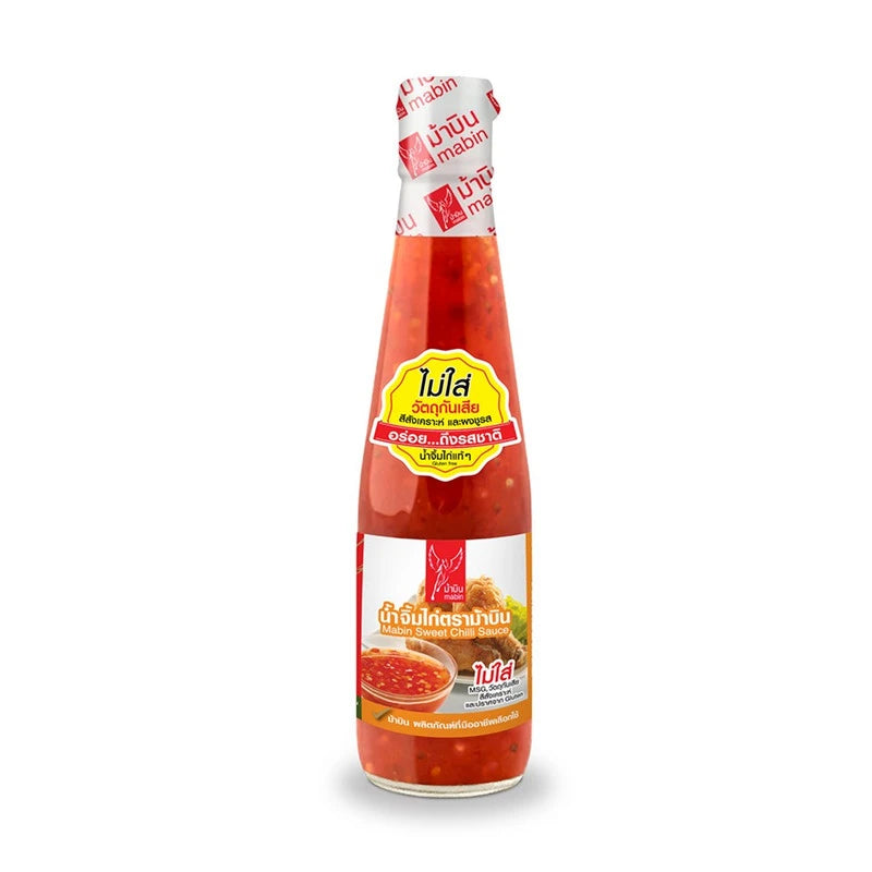 MABIN Sweet Chilli Sauce 340g bottle with red and orange sauce visible inside, placed on a white surface.