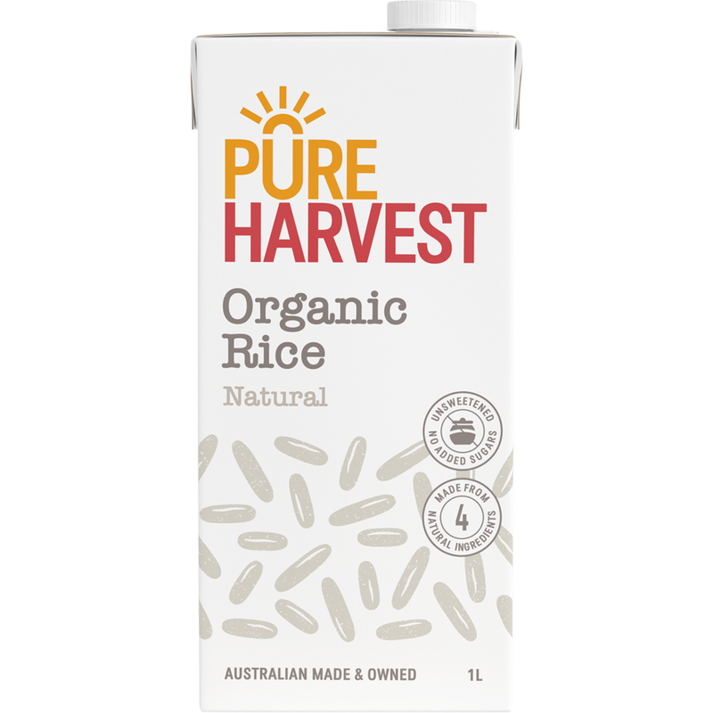 Pureharvest Original Rice Milk in a natural, healthy beverage bottle, showcasing the product's clean label and packaging.