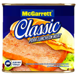 Canned McGarrett Pork Luncheon Meat in a can, ready for slicing and cooking, on a grocery store shelf.