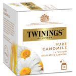A cup of Twining's Pure Camomile herbal tea with chamomile flowers and tea leaves, ready to enjoy.