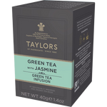 Taylors Of Harrogate green tea with jasmine in a clear glass cup, showcasing the fragrant tea infusion with jasmine flowers.