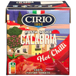 Cirio Calabria Hot Chilli Pasta Sauce in a jar, showcasing vibrant red chili peppers and rich tomato sauce with herbs.