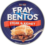 Cans of Fray Bentos Steak & Kidney grocery pie with visible branding and label on the packaging.