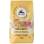 Organic flower-shaped pasta by Alce Nero, close-up of colorful, uncooked pasta in a grocery setting.