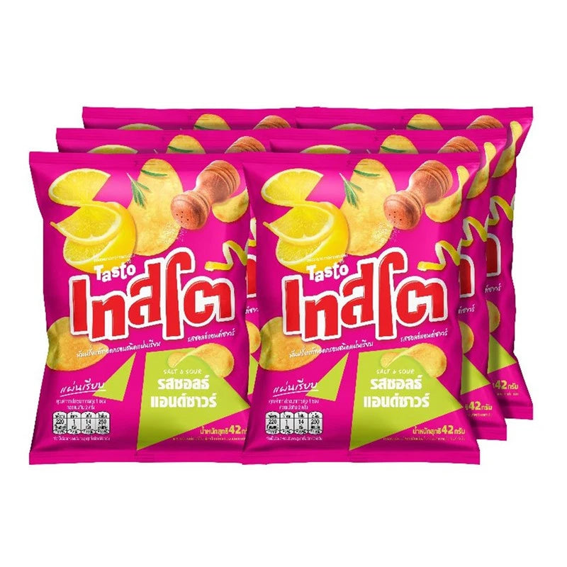 TASTO Crispy Potato Chips Salt and Sour flavor in a 42g bag, stacked in a box, ready to enjoy the savory snack.
