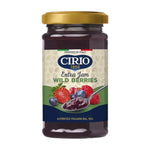 Jar of Cirio Extra Jam in glass container, showcasing the rich, dark fruit preserves with a smooth texture.