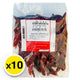 Makro dried Jinda chili with no stems, 100g pack, displayed in a clear plastic bag showing vibrant red chili peppers.