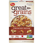 Post Great Grains Crunchy Pecans cereal box showing the front label with images of pecans and grains on a colorful background.
