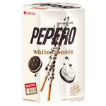Lotte Pepero White Cookie confectionery snack with crunchy biscuit sticks coated in white chocolate, displayed in a close-up image.