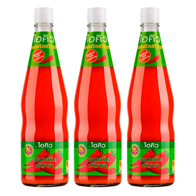 HI-Q Siracha Chili Sauce 670g bottle, showing vibrant red chili sauce with label, in a set of three bottles.