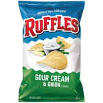 Ruffles Sour Cream & Onion Potato Chips in a bowl, showing ridged snack chips with creamy onion flavor.