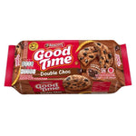 Arnott's Good Time Double Choc confectionery snacks with chocolate coating and biscuit center, displayed on a white plate.
