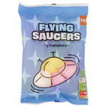 Sainsbury's Flying Saucers confectionery snacks in colorful paper wrapping with striped patterns and assorted bright candies inside